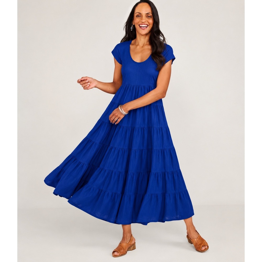 Soft Surroundings Tiered Cobalt Blue Maxi Dress PXL Boho Cottagecore Peasant